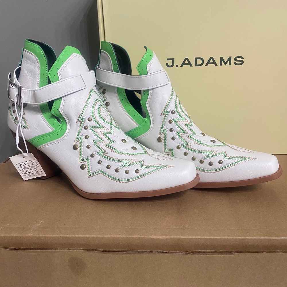 J. Adams Darla White Green Western Studded Ankle Boots Cowgirl‎ Booties Size 11